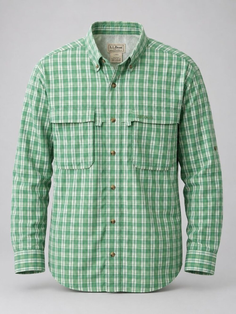 LL Bean Mens Large Tall Shirt Green Plaid Long Sleeve Button Down Nylon TL